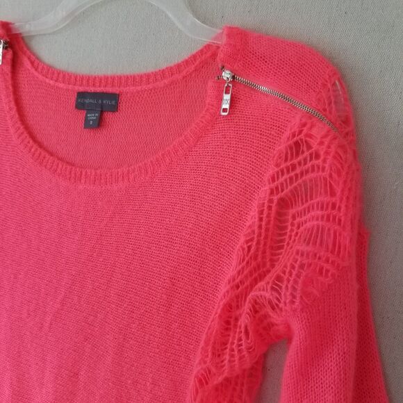 Kendall & Kylie‎ Sweater Neon Orange Open Weave Beach Zippered Shoulder Size S - Picture 2 of 11